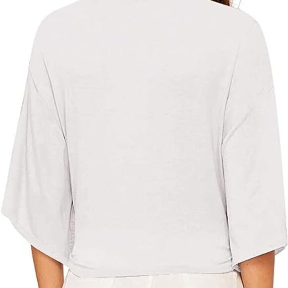 Women's Short Sleeve Deep V Neck Tie Front Basic Solid Crop Top - Picture 5 of 5